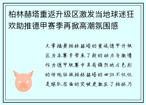柏林赫塔重返升级区激发当地球迷狂欢助推德甲赛季再掀高潮氛围感